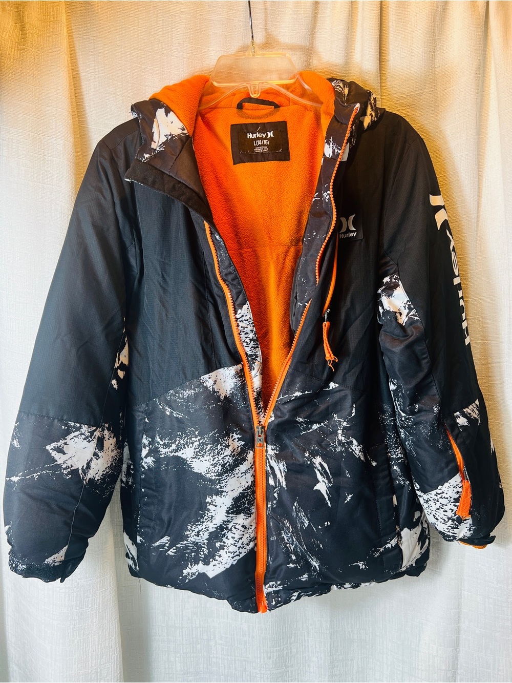 Hurley Black Jacket with Orange Lining and White Print boys Size 14-16